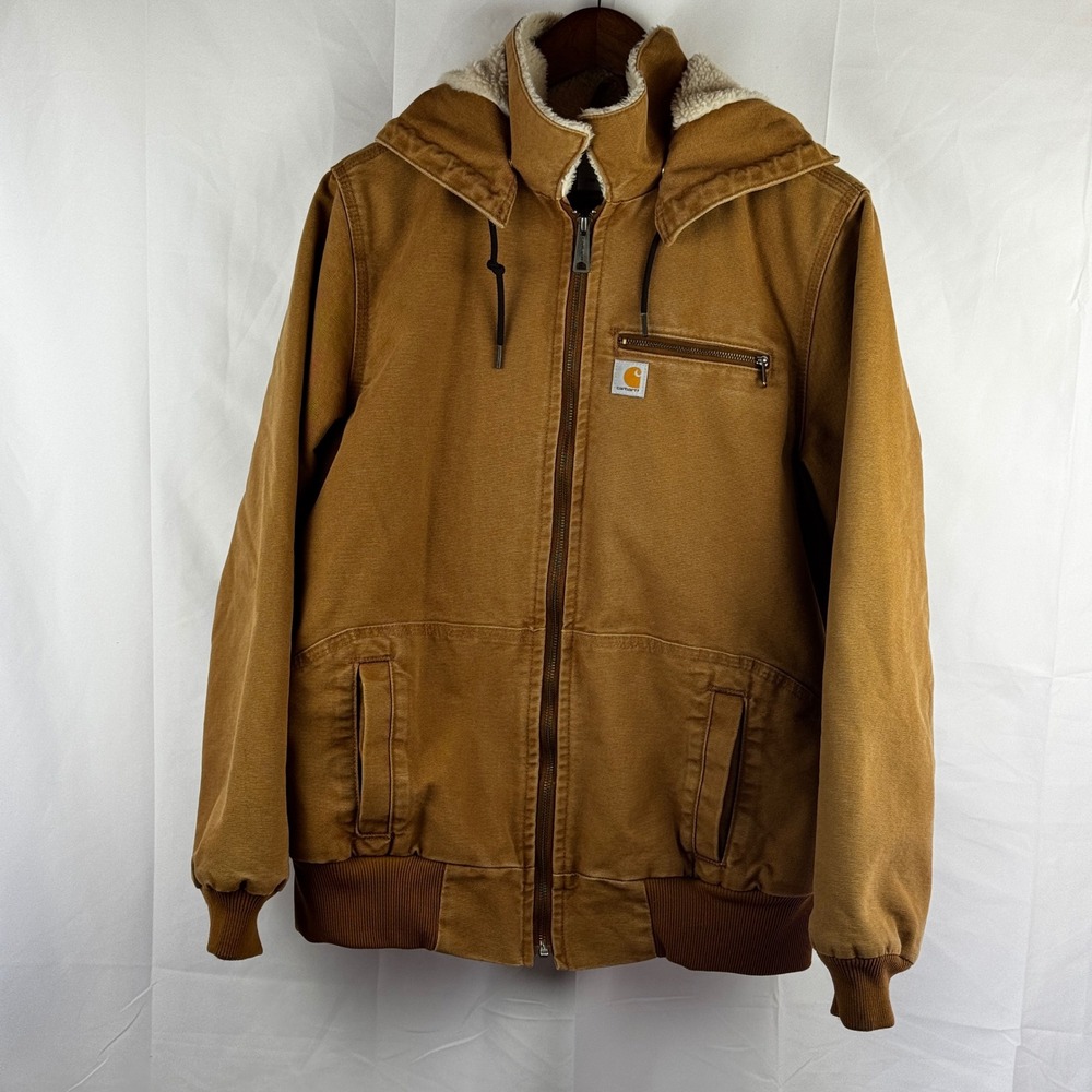 Carhartt Hooded Work Jacket‎ Sherpa Lined Duck Canvas Brown Size L 12/14